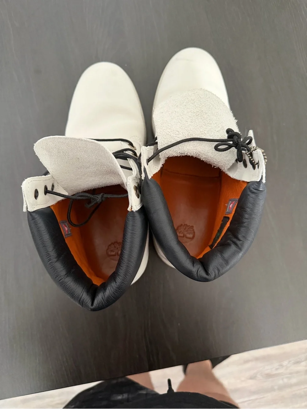 Timberland White Leather Boots with Black Collar